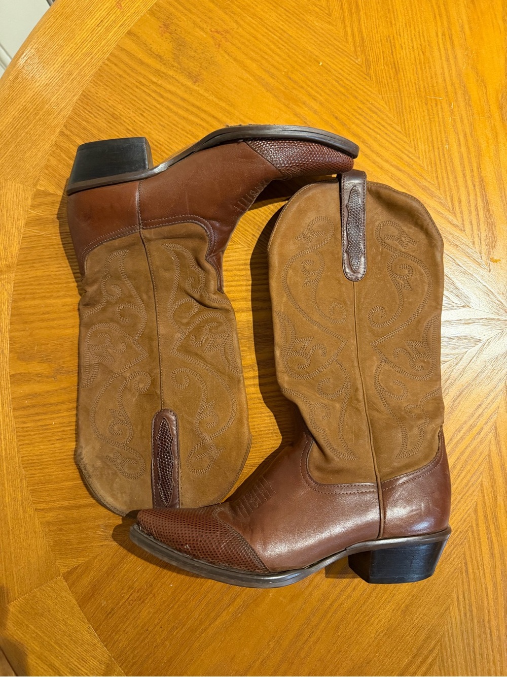 Nine West Brown Two-Tone Suede & Leather Heeled Cowboy Boots